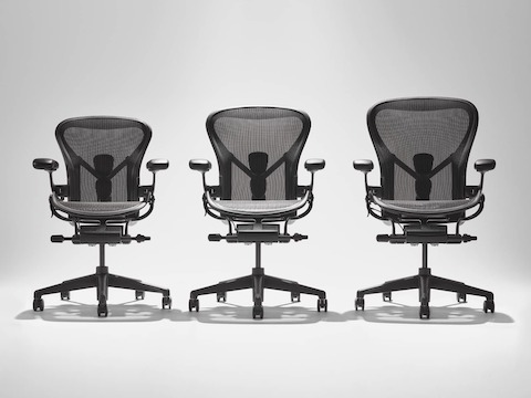 Three Aeron Chairs in ascending size order, A, B, and C. Three Aeron Chairs in ascending size order, A, B, and C.