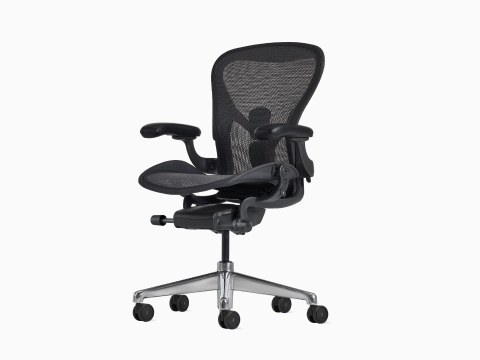 Front-angle view of an Aeron ESD Chair in size B, granite frame and suspension, and polished base. Front-angle view of an Aeron ESD Chair in size B, granite frame and suspension, and polished base.