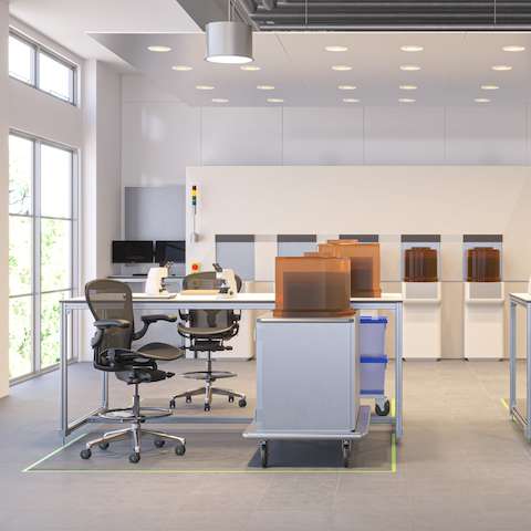 Aeron ESD Stools at stations in a cleanroom setting. Aeron ESD Stools at stations in a cleanroom setting.