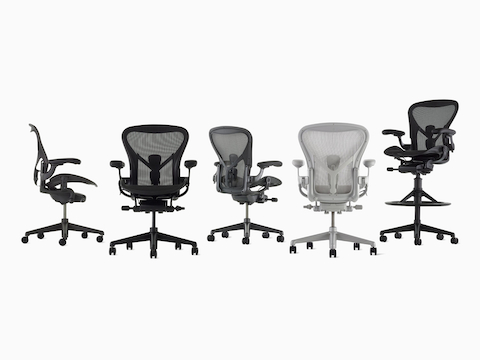 Our Aeron lineup includes four colors inspired by the elements, three sizes, and two stool heights—something for nearly everyone. Our Aeron lineup includes four colors inspired by the elements, three sizes, and two stool heights—something for nearly everyone.