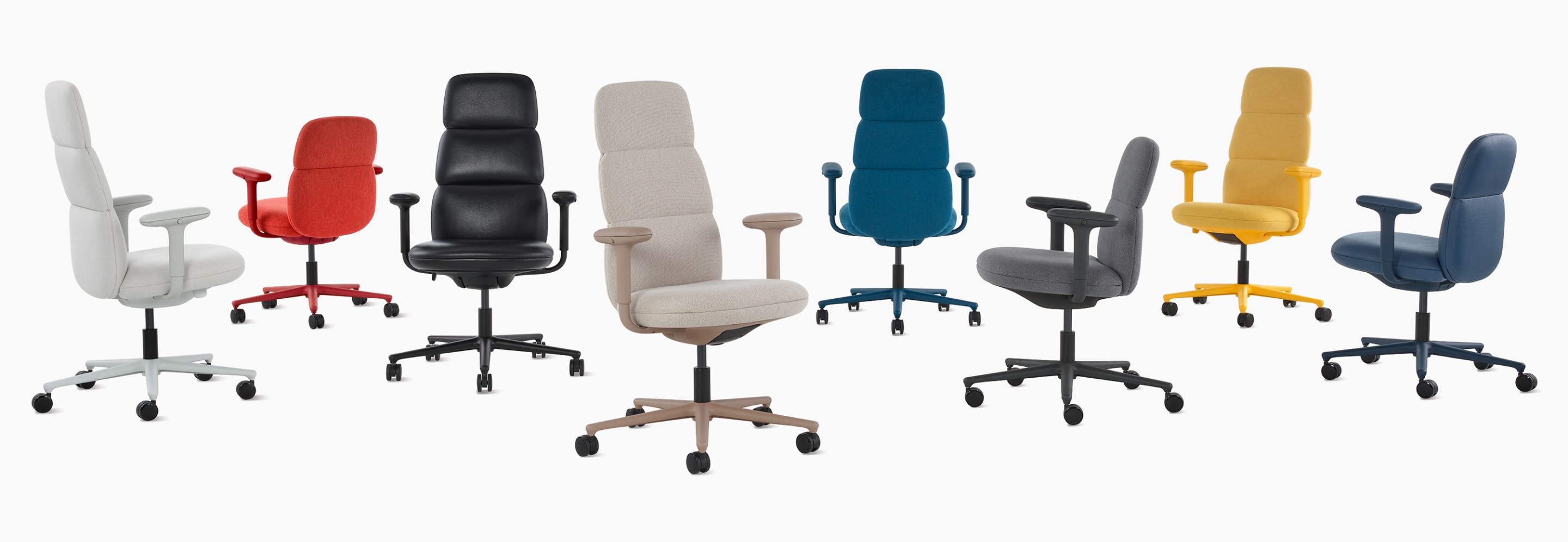 A group of eight Asari chairs by Herman Miller with height adjustable arms in all available color flood options. There are five high-back chairs and three mid-back chairs. A group of eight Asari chairs by Herman Miller with height adjustable arms in all available color flood options. There are five high-back chairs and three mid-back chairs.