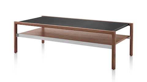 An angled view of a rectangular Brabo occasional table with a black upper tier and medium woodgrain lower tier. An angled view of a rectangular Brabo occasional table with a black upper tier and medium woodgrain lower tier.