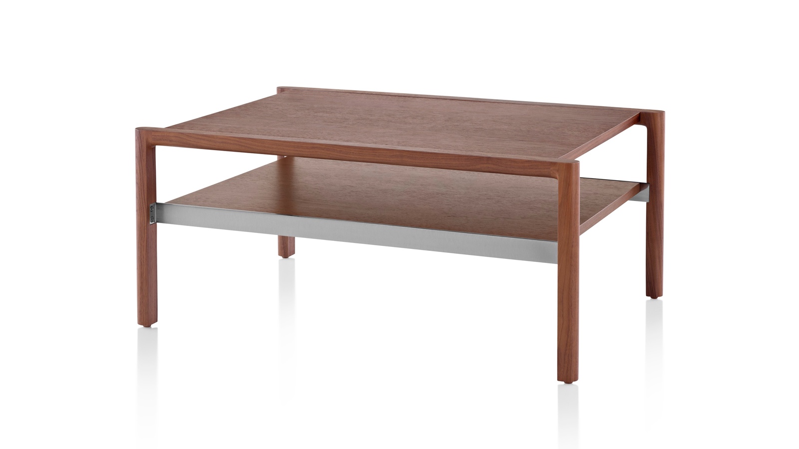 An angled view of a rectangular Brabo occasional table with two tiers in a medium finish. An angled view of a rectangular Brabo occasional table with two tiers in a medium finish.