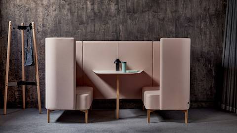 Pink 2-seat Pullman Booth with oak legs and white MFMDF table top, with Hudson Coat Stand. Pink 2-seat Pullman Booth with oak legs and white MFMDF table top, with Hudson Coat Stand.