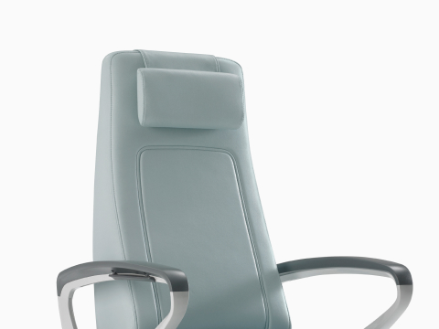 Nemschoff Ava Recliner with arcade back in a light blue upholstery, viewed from the front angle. our-values