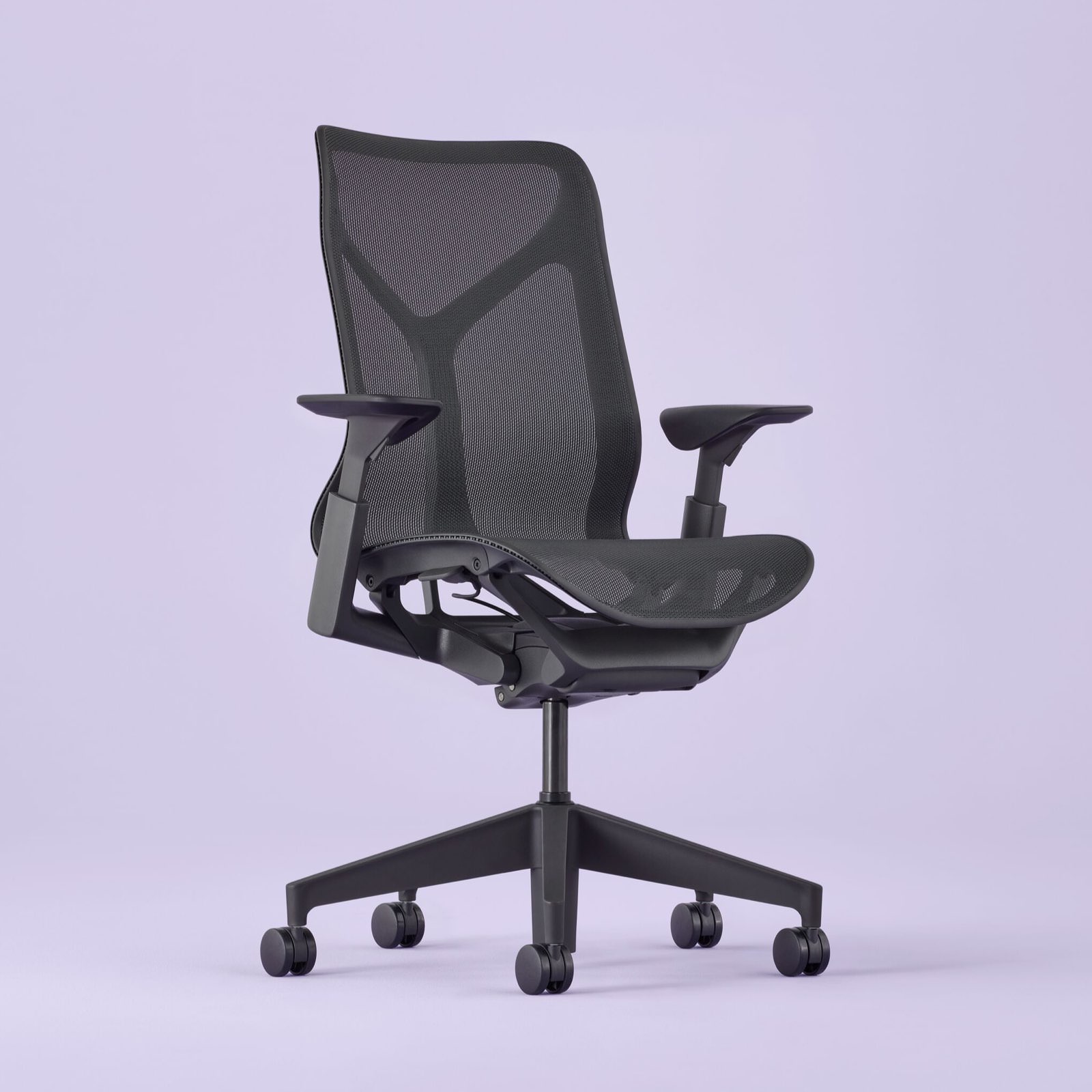 A full view of the Cosm Chair swiveled 45 degrees to the right. A full view of the Cosm Chair swiveled 45 degrees to the right.