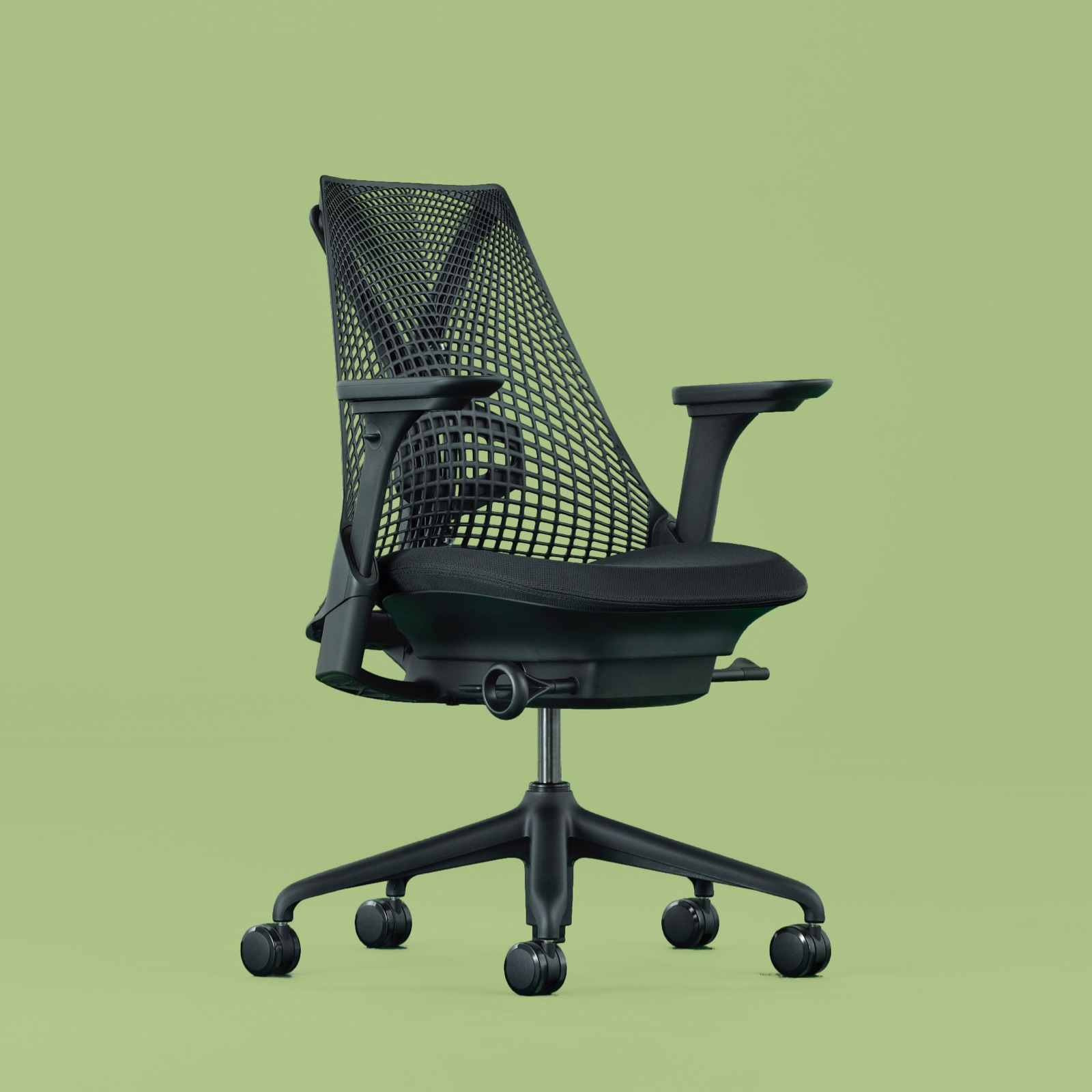 A full view of the Sayl Chair swiveled 45 degrees to the right. A full view of the Sayl Chair swiveled 45 degrees to the right.