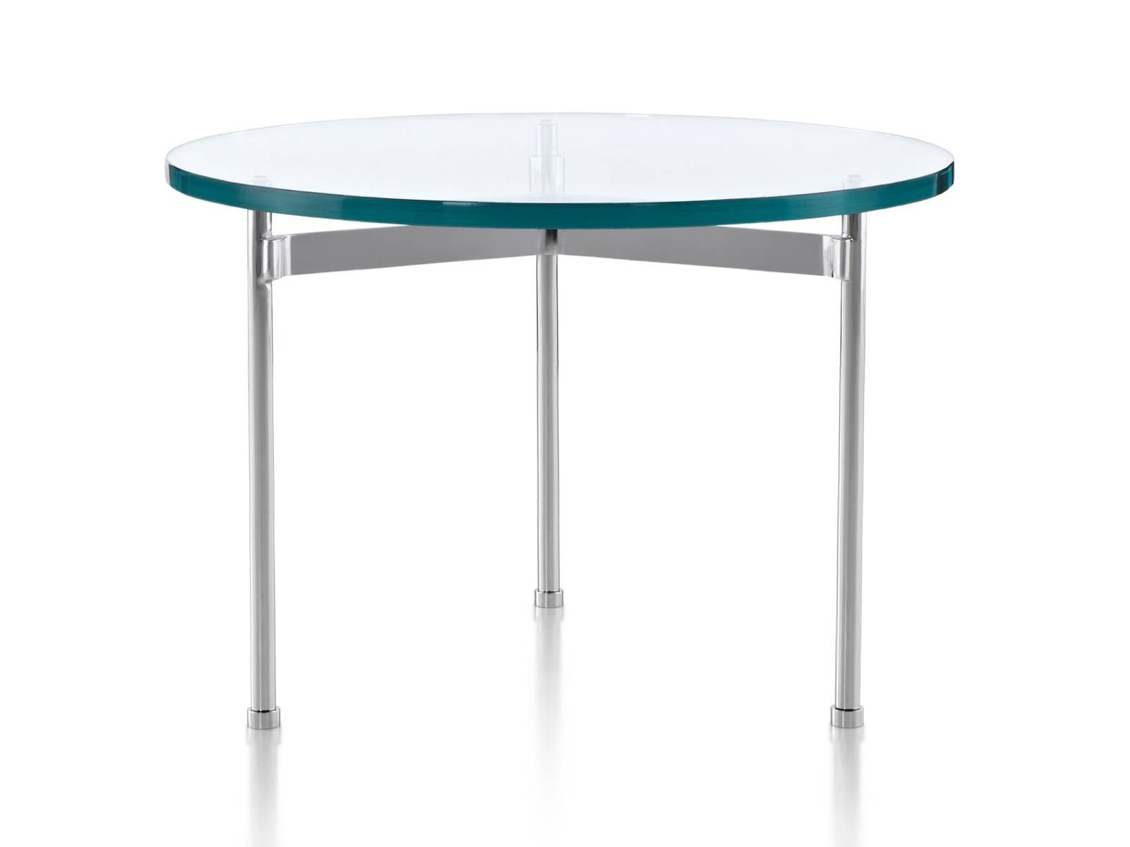 A glass-top Claw Table with a round surface and three metal legs. A glass-top Claw Table with a round surface and three metal legs.