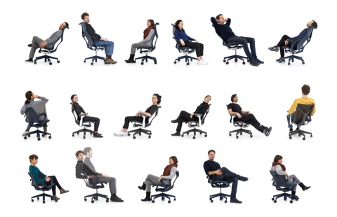 A variety of members of Studio 7.5 sitting in low-, mid-, and high-back Cosm Chairs, reclining, sitting forward, and relaxing. A variety of members of Studio 7.5 sitting in low-, mid-, and high-back Cosm Chairs, reclining, sitting forward, and relaxing.
