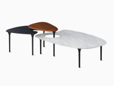Cyclade Tables, family with ebony, walnut, and marble tops. Cyclade Tables, family with ebony, walnut, and marble tops.