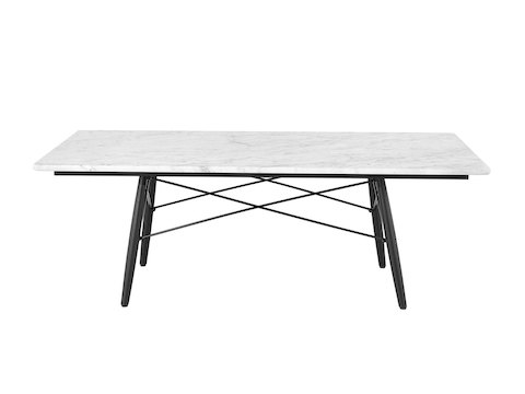 A rectangular Eames Coffee Table with black wood legs, metal cross-struts, and a white marble top. A rectangular Eames Coffee Table with black wood legs, metal cross-struts, and a white marble top.