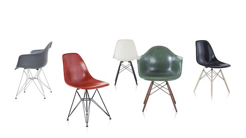 A family of Eames Molded Fiberglass Chairs in a variety of colors. A family of Eames Molded Fiberglass Chairs in a variety of colors.
