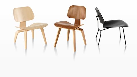 Three Eames Molded Plywood Chairs, each with a different finish. Three Eames Molded Plywood Chairs, each with a different finish.