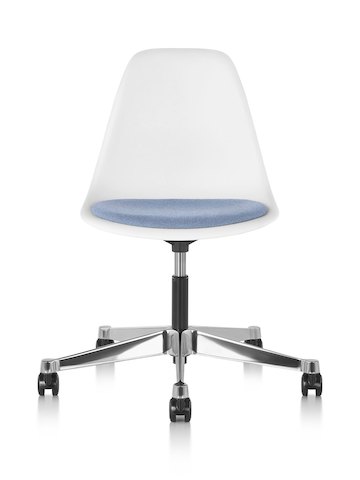 Eames Task Chair with blue upholstered seat pad and white plastic shell, viewed from the front. Eames Task Chair with blue upholstered seat pad and white plastic shell, viewed from the front.