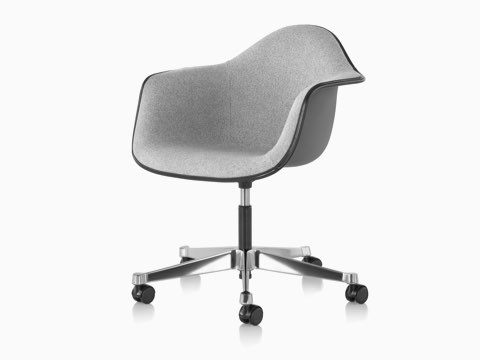 Angled view of Eames Task Chair with gray fiberglass shell and gray upholstery. Angled view of Eames Task Chair with gray fiberglass shell and gray upholstery.