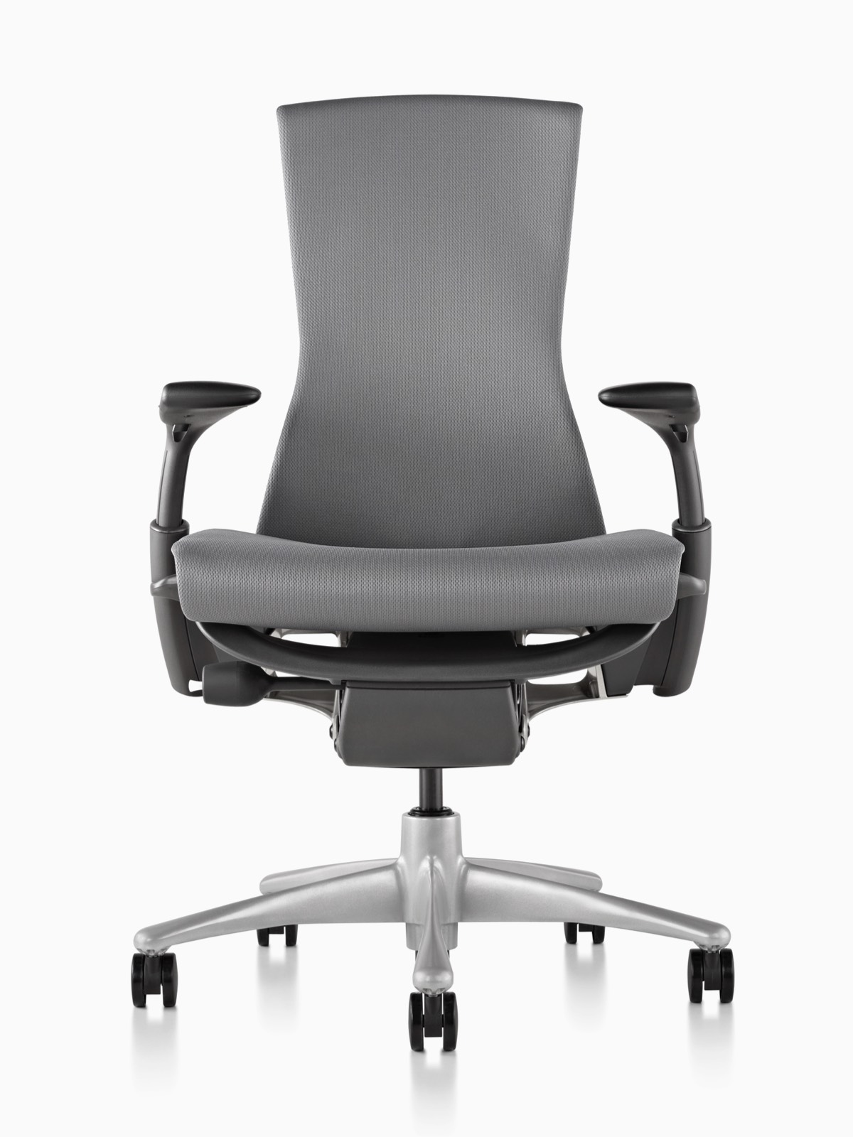 Full front view of a light gray Embody office chair with black armpads. Full front view of a light gray Embody office chair with black armpads.