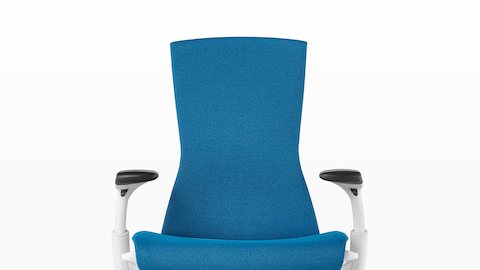 Front view of a blue Embody office chair, showing the seat, back, and adjustable arms. Front view of a blue Embody office chair, showing the seat, back, and adjustable arms.