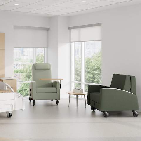 Gemma Recliner, Gemma Sleep Chair and Mora System in a patient room. Featuring Gemma Recliner with adjustable tray table, and both Gemma products with CBS casters. Gemma Recliner, Gemma Sleep Chair and Mora System in a patient room. Featuring Gemma Recliner with adjustable tray table, and both Gemma products with CBS casters.