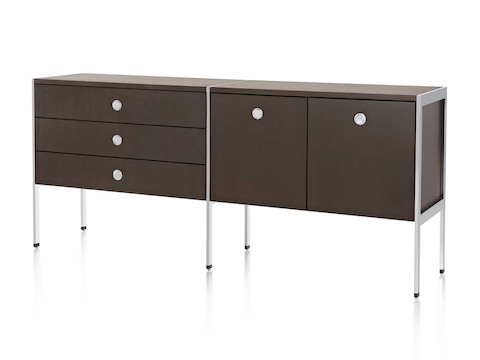 Angled view of an H Frame Credenza consisting of three drawers and two storage cases. Angled view of an H Frame Credenza consisting of three drawers and two storage cases.