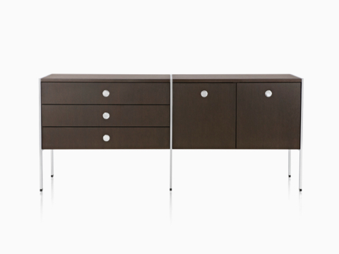 An H Frame Credenza consisting of three drawers and two storage cases. An H Frame Credenza consisting of three drawers and two storage cases.