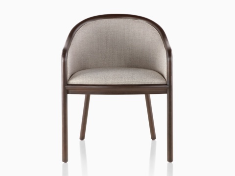 Upper half of a Landmark Chair with taupe upholstery and a dark wood frame, viewed from the front. Upper half of a Landmark Chair with taupe upholstery and a dark wood frame, viewed from the front.