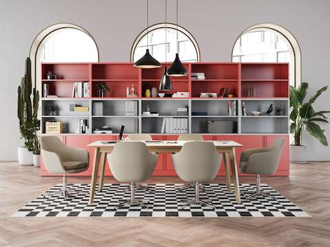 Red and gray Meridian Storage components behind a white and brown Dalby Conference Table with six light brown Saiba Chairs. Red and gray Meridian Storage components behind a white and brown Dalby Conference Table with six light brown Saiba Chairs.