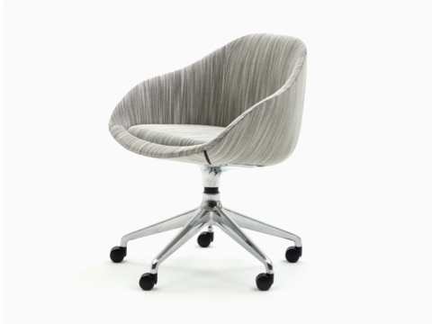 A NaughtOne Always Chair with a polished 5-star caster base and patterned gray upholstery, viewed at an angle. A NaughtOne Always Chair with a polished 5-star caster base and patterned gray upholstery, viewed at an angle.