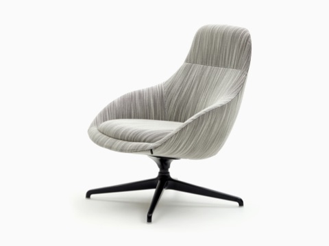 A NaughtOne Always Lounge Chair with gray upholstery and a black 4-star swivel base, viewed at an angle. A NaughtOne Always Lounge Chair with gray upholstery and a black 4-star swivel base, viewed at an angle.