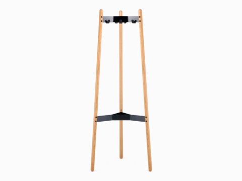 A front view of the Hudson Coat Stand with oak dowel legs with black metal supports. A front view of the Hudson Coat Stand with oak dowel legs with black metal supports.