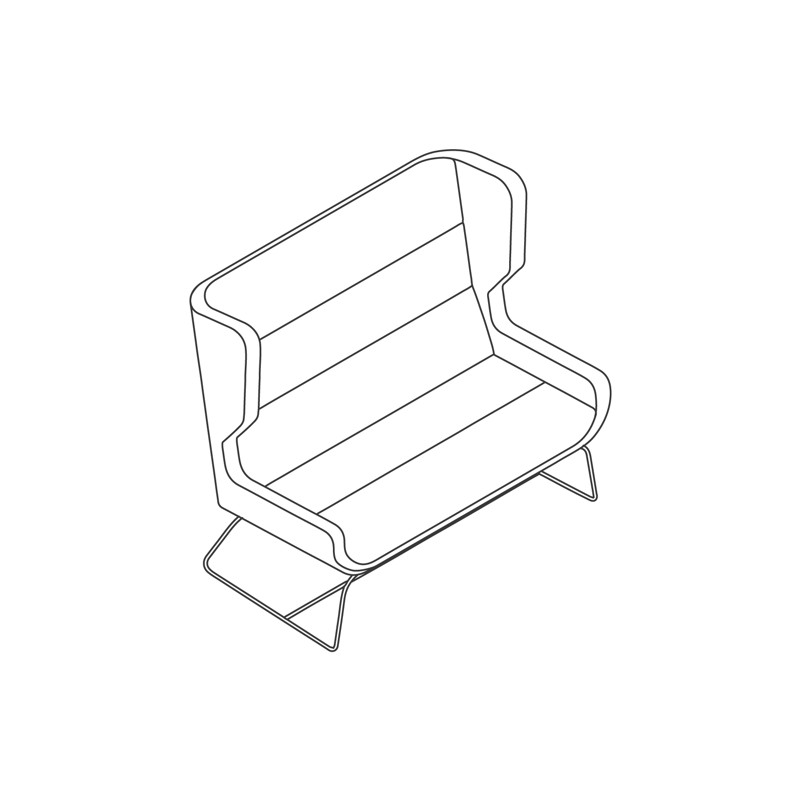 A line drawing of Hush Sofa–High Back–2 Seat–Sled Base. A line drawing of Hush Sofa–High Back–2 Seat–Sled Base.