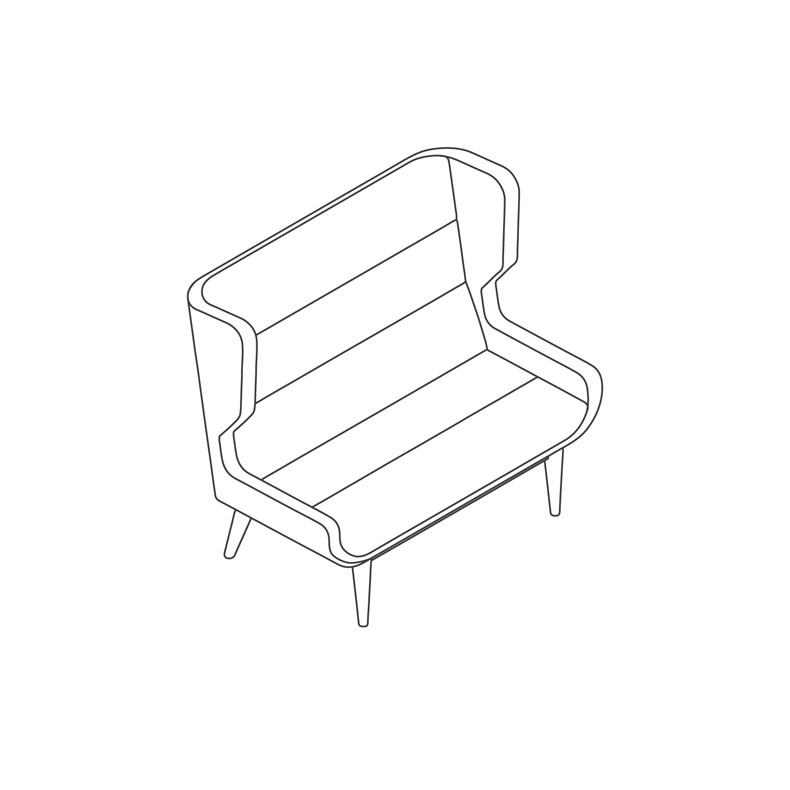A line drawing of Hush Sofa–High Back–2 Seat–Wood Base. A line drawing of Hush Sofa–High Back–2 Seat–Wood Base.