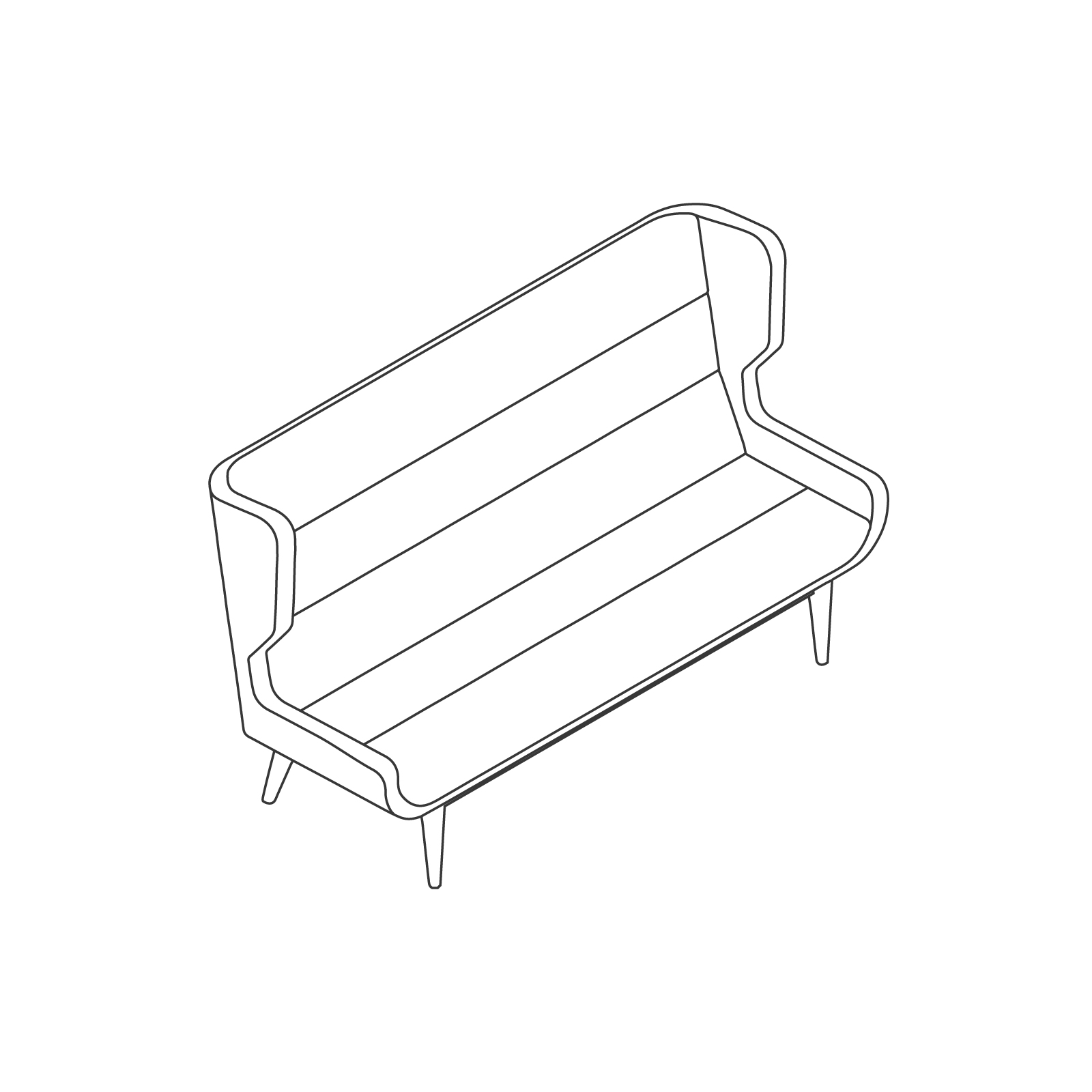 A line drawing of Hush Sofa–High Back–3 Seat–Wood Base. A line drawing of Hush Sofa–High Back–3 Seat–Wood Base.