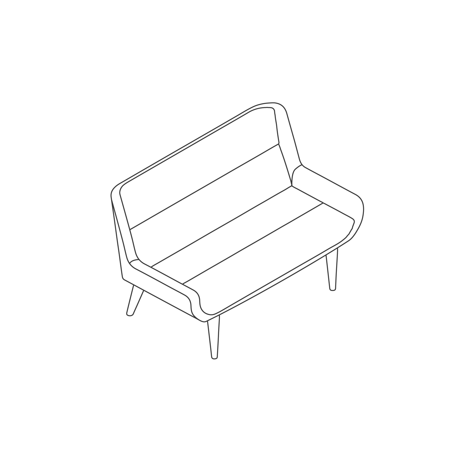 A line drawing of Hush Sofa–Low Back–2 Seat–Wood Base. A line drawing of Hush Sofa–Low Back–2 Seat–Wood Base.