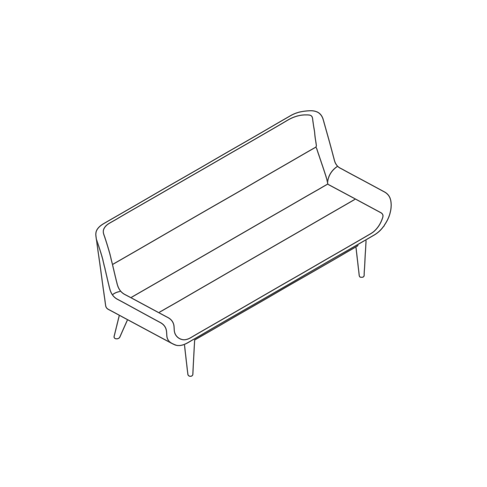 A line drawing of Hush Sofa–Low Back–3 Seat–Wood Base. A line drawing of Hush Sofa–Low Back–3 Seat–Wood Base.