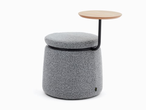 Single-seat Lasso Stool, upholstered in gray fabric with oak veneer table. Single-seat Lasso Stool, upholstered in gray fabric with oak veneer table.