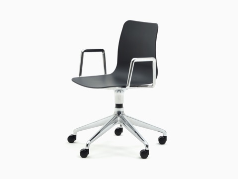 A black NaughtOne Polly Chair with a 5-star chrome base and armrest, viewed at an angle. A black NaughtOne Polly Chair with a 5-star chrome base and armrest, viewed at an angle.
