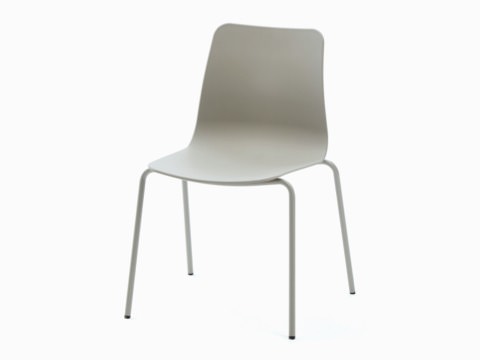 Three quarter view of a gray polypropylene Polly Chair on 4 leg metal base. Three quarter view of a gray polypropylene Polly Chair on 4 leg metal base.
