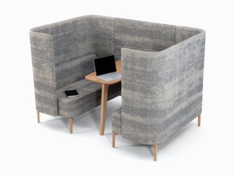 Four-seat Pullman Booth, upholstered in gray fabric with oak feet, an oak veneer table top, and whiteboard. Four-seat Pullman Booth, upholstered in gray fabric with oak feet, an oak veneer table top, and whiteboard.