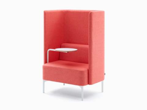 High-back Pullman Chair, upholstered in pink fabric with white metal legs and white tablet arm. High-back Pullman Chair, upholstered in pink fabric with white metal legs and white tablet arm.