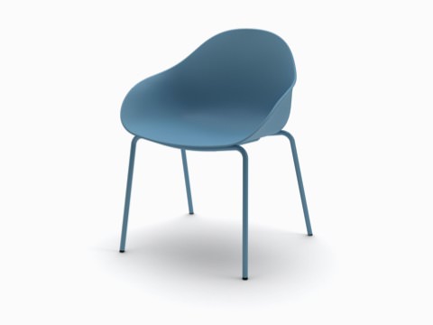 Three-quarter view of a blue Ruby Side Chair shell on matching 4-leg base. Three-quarter view of a blue Ruby Side Chair shell on matching 4-leg base.