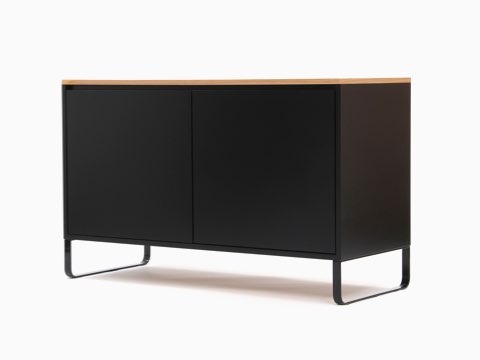 An all black NaughtOne Sideboard Storage with an oak veneer top, viewed at an angle. An all black NaughtOne Sideboard Storage with an oak veneer top, viewed at an angle.