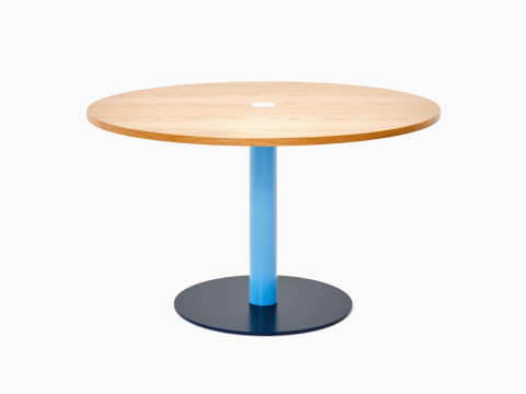 Front view of a round Tier table with Oak veneer top, Pastel Blue stem and Steel Blue base. Front view of a round Tier table with Oak veneer top, Pastel Blue stem and Steel Blue base.