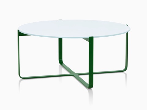 Trace Circle Coffee Table with a white reverse painted glass top and leaf green metal base. Trace Circle Coffee Table with a white reverse painted glass top and leaf green metal base.