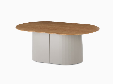 A front angled view of Tun Coffee Table with stone-grey metal base and oak veneer table top. A front angled view of Tun Coffee Table with stone-grey metal base and oak veneer table top.