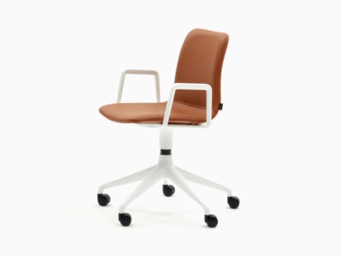 A leather upholstered NaughtOne Viv Chair with white armrests and a white, 5-star base, viewed at an angle. A leather upholstered NaughtOne Viv Chair with white armrests and a white, 5-star base, viewed at an angle.