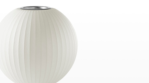 Close view of the white shade on a Nelson Ball Tripod Lamp. Close view of the white shade on a Nelson Ball Tripod Lamp.