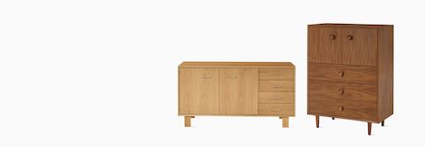 Nelson Basic Cabinet Series Credenza storage unit in oak and Console storage in walnut on white background. Nelson Basic Cabinet Series Credenza storage unit in oak and Console storage in walnut on white background.