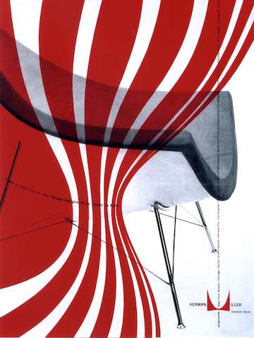 A vintage advertisement for the Nelson Coconut Lounge Chair featuring a black an white image of the chair with an overlay of energetic orange graphics. A vintage advertisement for the Nelson Coconut Lounge Chair featuring a black an white image of the chair with an overlay of energetic orange graphics.