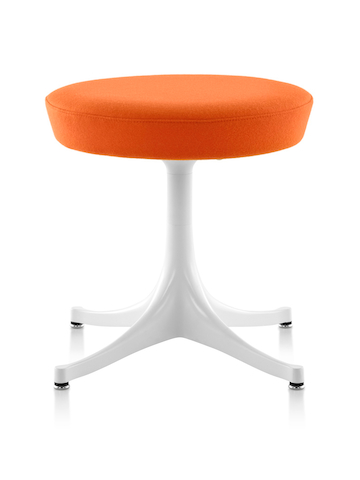 Nelson Pedestal Stool with an orange upholstered seat and white base. Nelson Pedestal Stool with an orange upholstered seat and white base.
