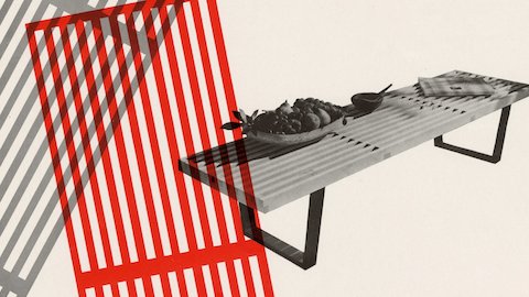 Bold gray and red graphics in the shape of the Nelson Bench top, positioned to the left of an angled Nelson Bench image holding small decorative objects. Bold gray and red graphics in the shape of the Nelson Bench top, positioned to the left of an angled Nelson Bench image holding small decorative objects.